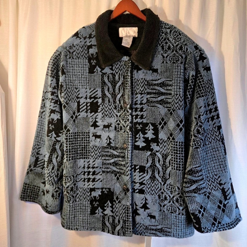 CBO New York Womens 3X‎ Blue Black Patchwork Moose Winter Jacket Faux Fur Collar